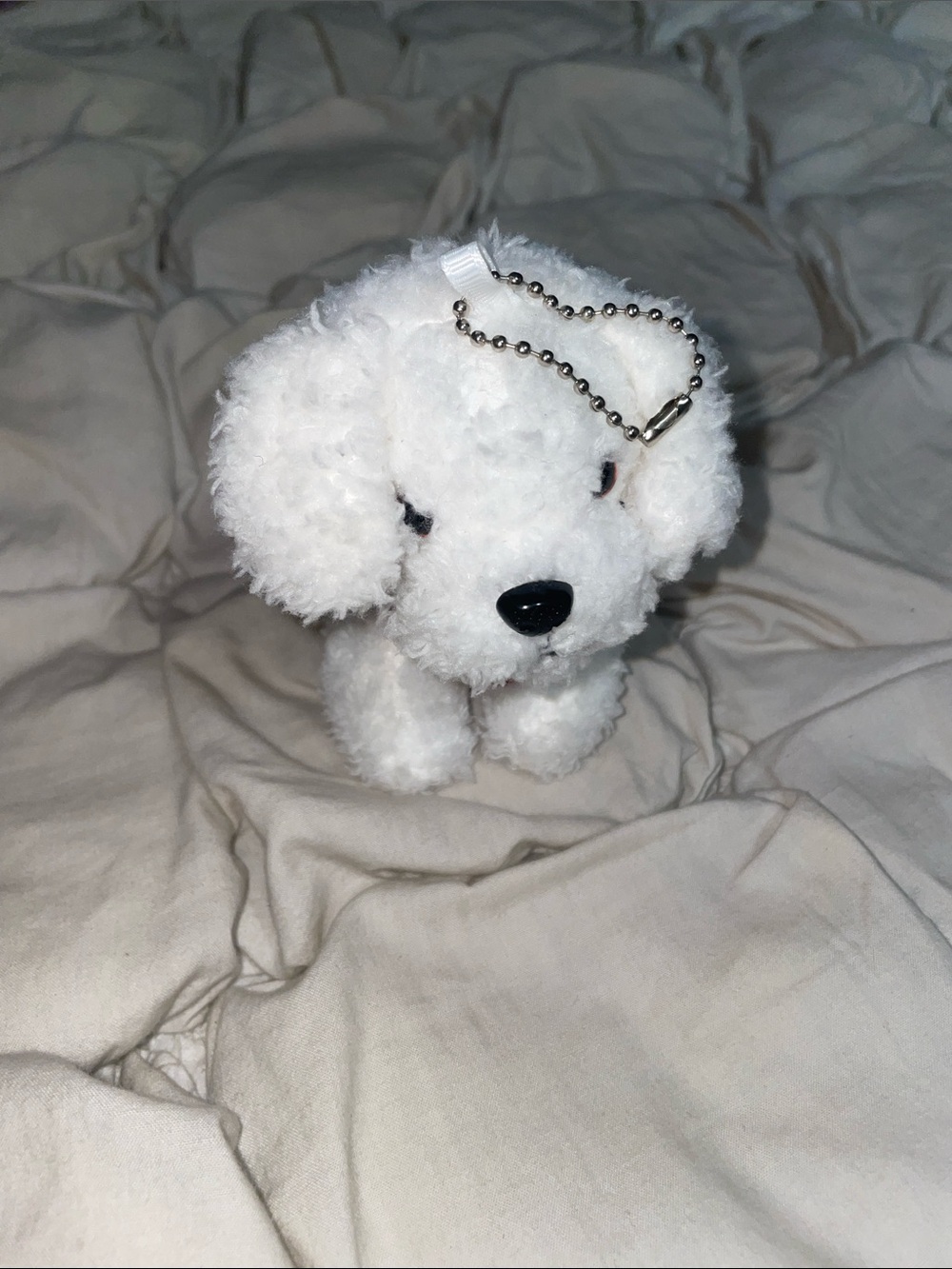 Free People Fluffy White Puppy Dog Bag Charm with Red Gingham Scarf